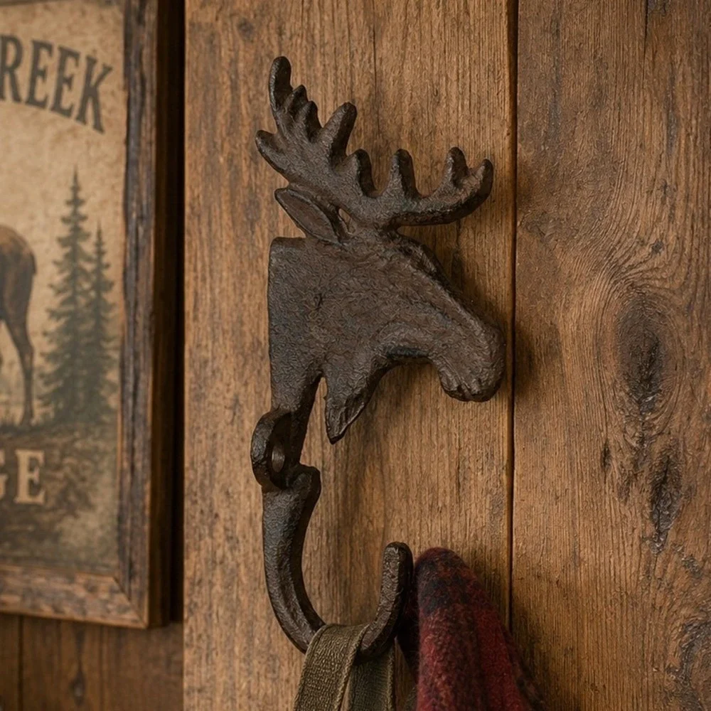 Moose Wall Hook Rustic Cast Iron Brown Vintage Style Lodge Cabin Decor Single